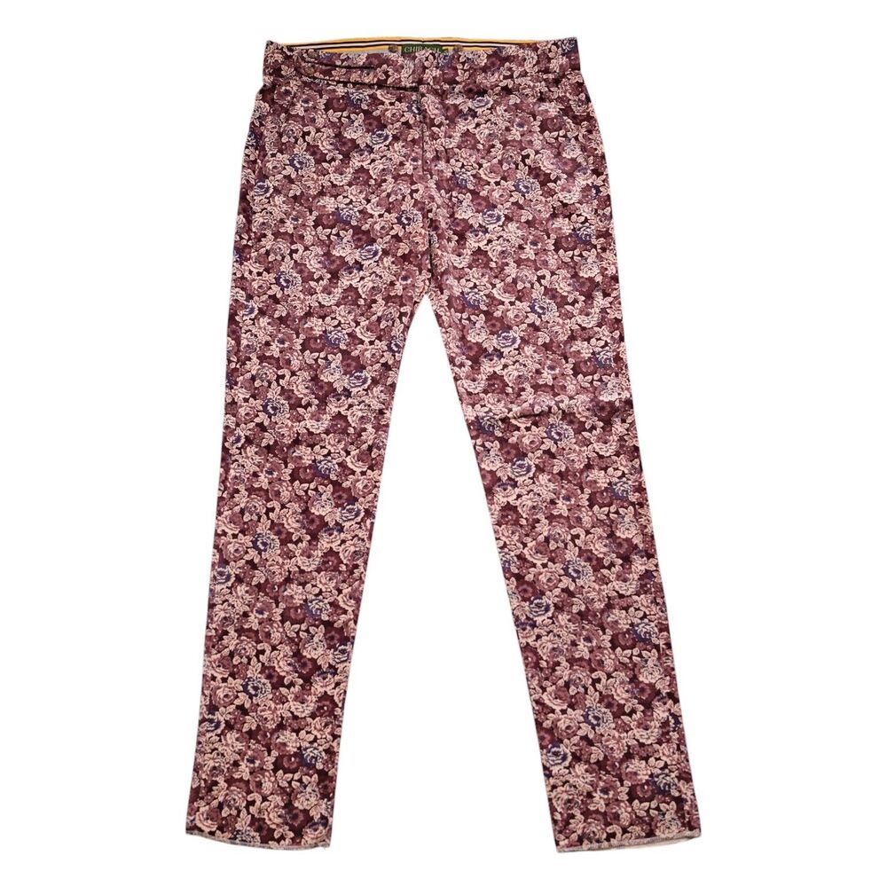 Mens 36 Burgundy Cream Floral Velvet Gurkha Pants High Waist Flat Front Trousers